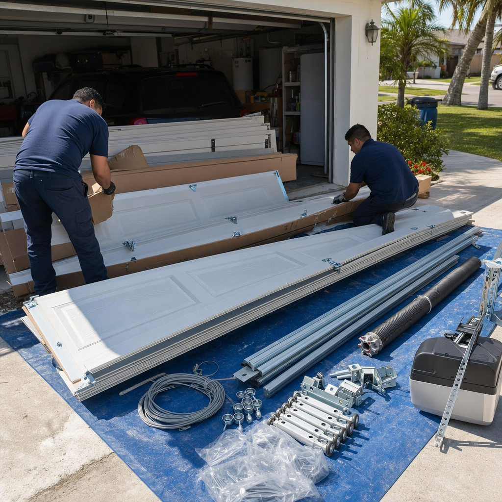 Garage door installation professional laying out new panels and hardware
