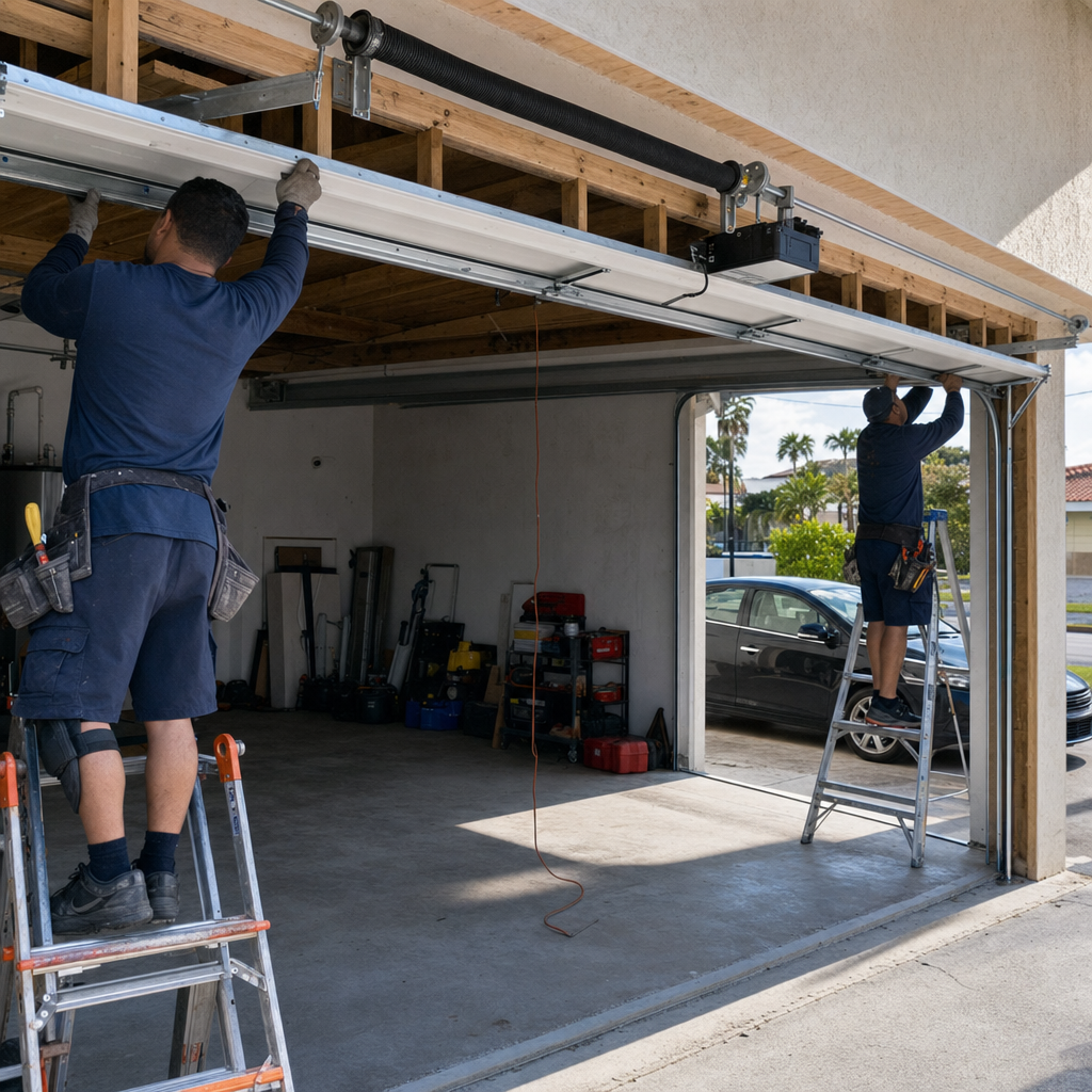 Technicians installing garage door