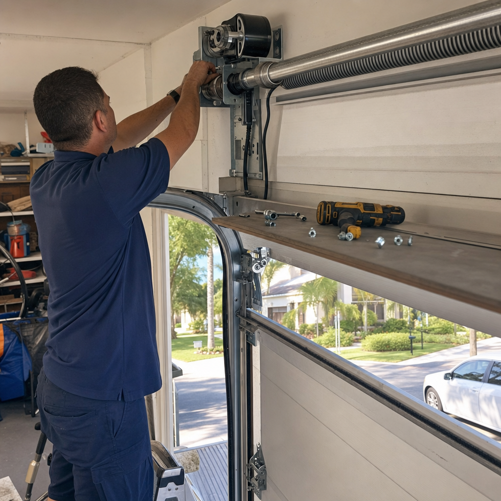 Technician performing garage door opener repair
