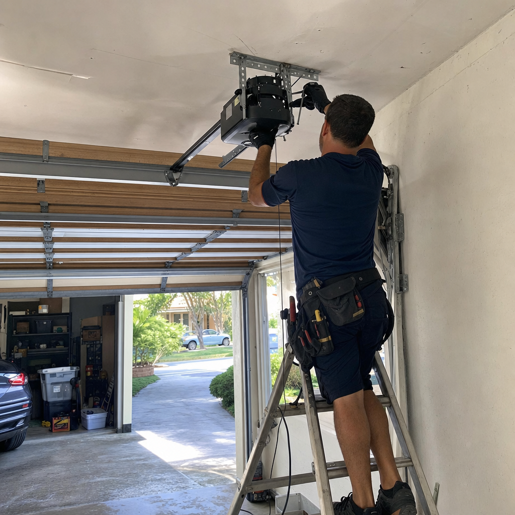 Technician installs garage door opener system on ceiling