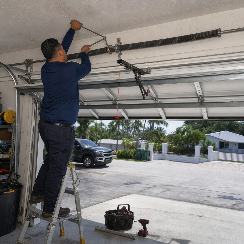 Garage door technician repairs spring with winding bar on a ladder.