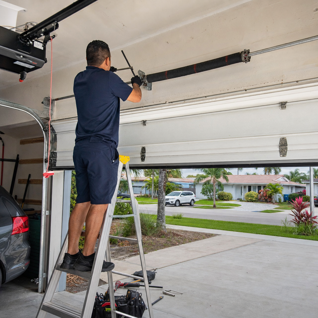 Garage door repair technician working on overhead door spring