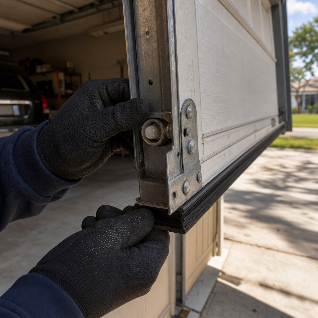 Emergency garage door repair professional adjusting bottom seal. in Miami, FL