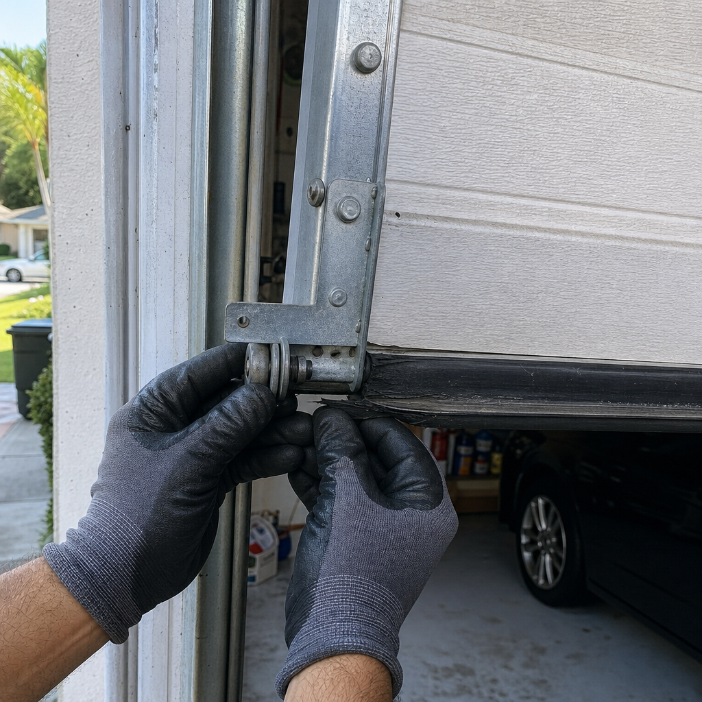 Professional performing emergency garage door repair on bottom roller in Miami Beach, FL