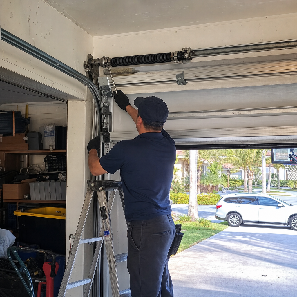 Technician performs emergency garage door repair, adjusting spring on ladder. in Surfside, FL