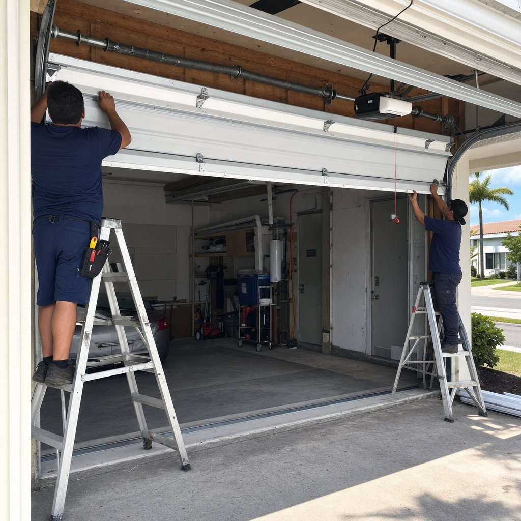 Garage door installation by technicians