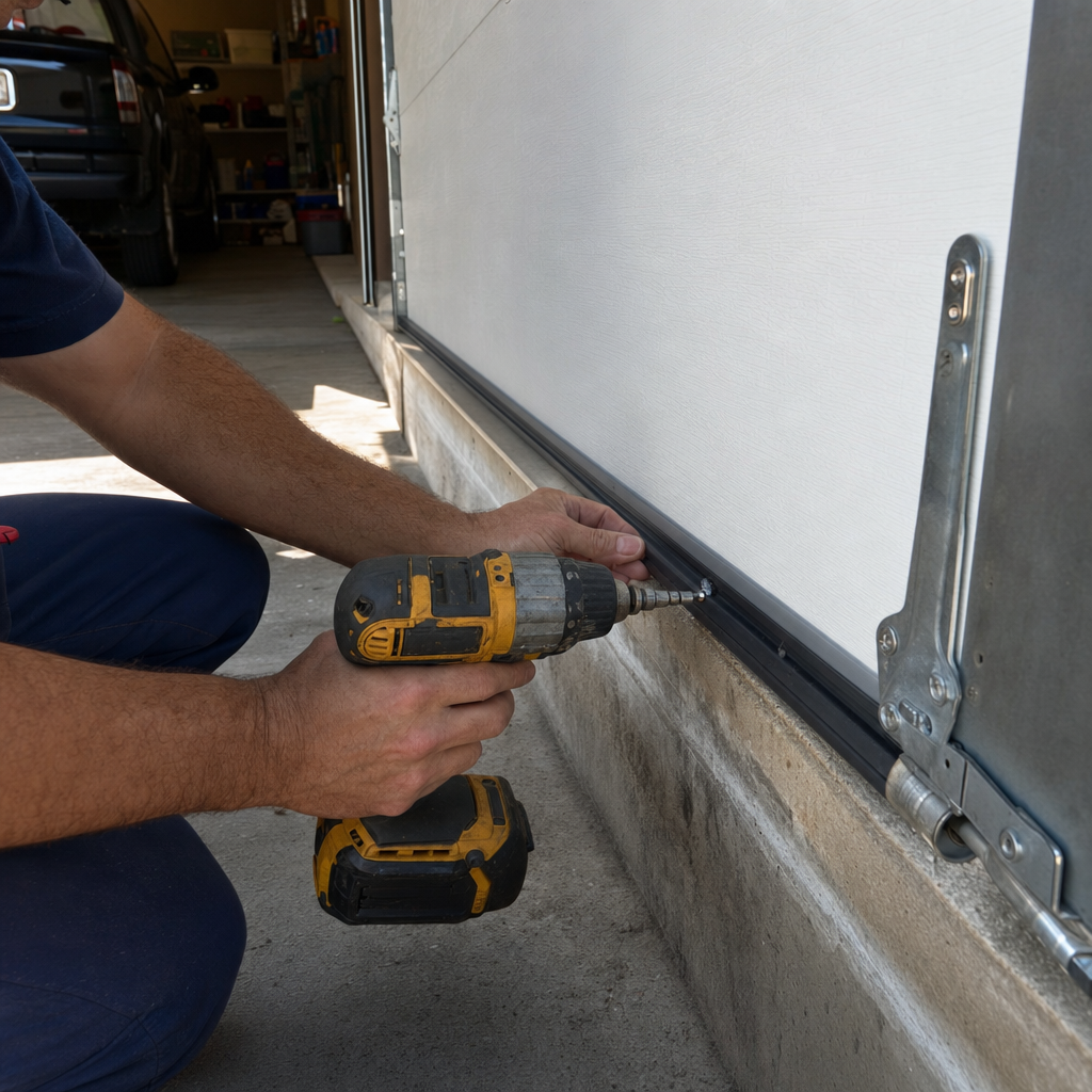 Garage door installation: professional drills bottom seal with power tool