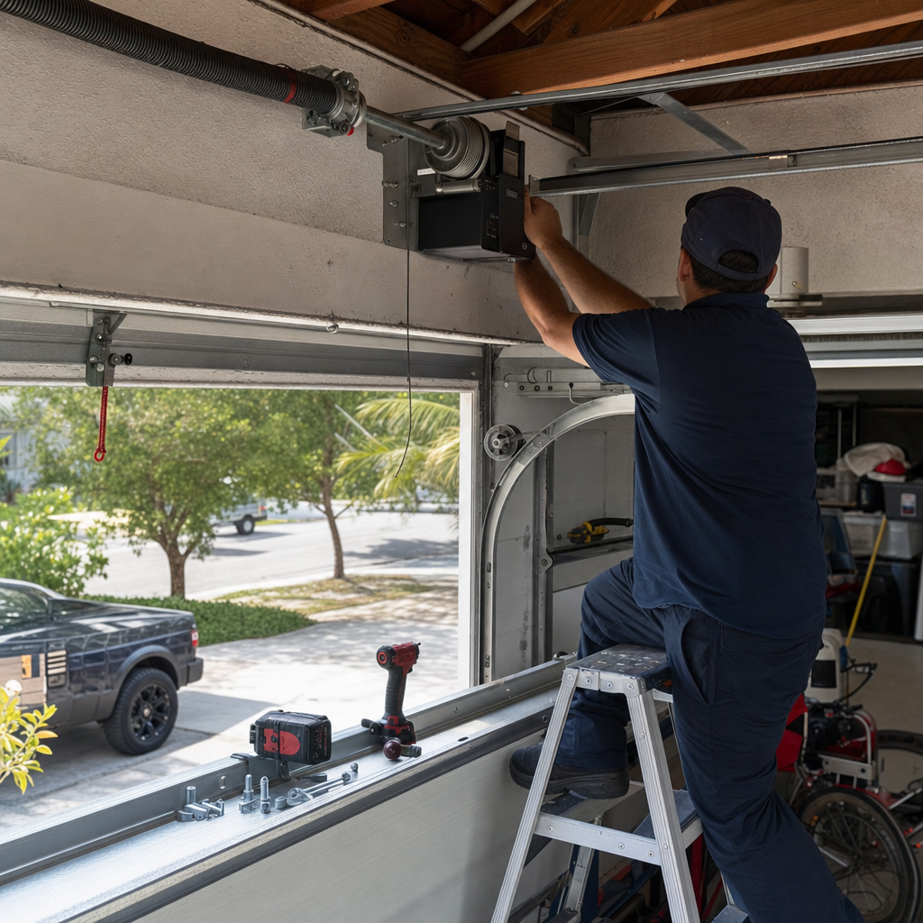 Technician installs a garage door opener mechanism on a ladder