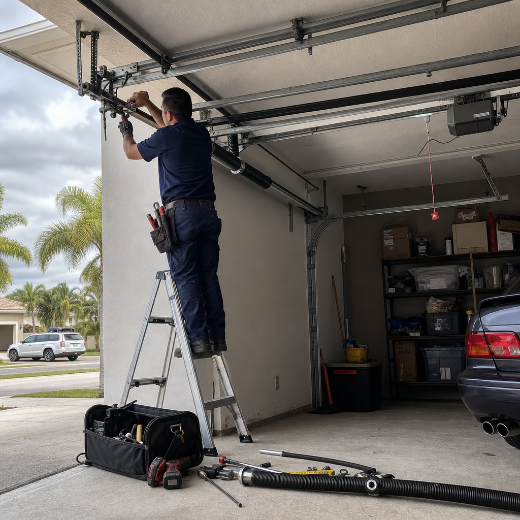 Technician installing garage door parts on a ladder in Miami Beach, FL