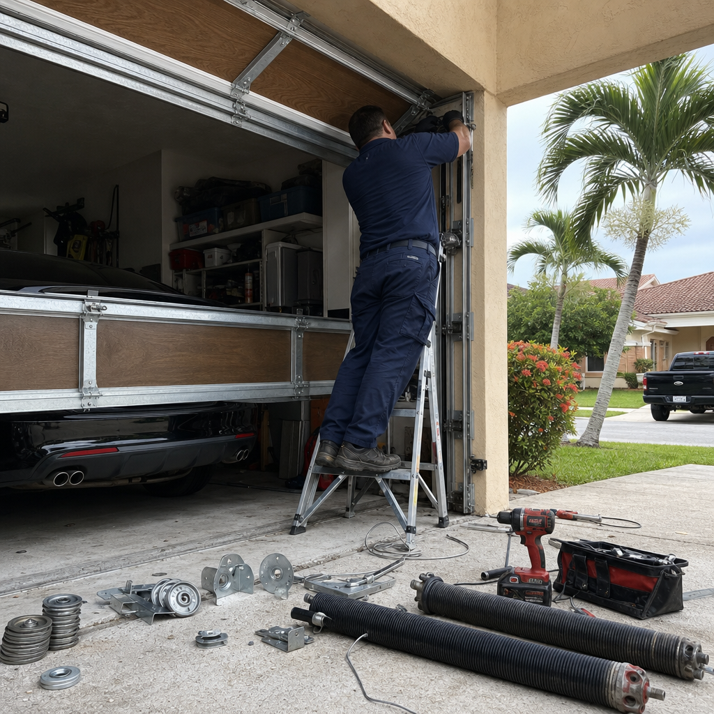 Technician installing garage door parts, including springs and rollers. in Surfside, FL