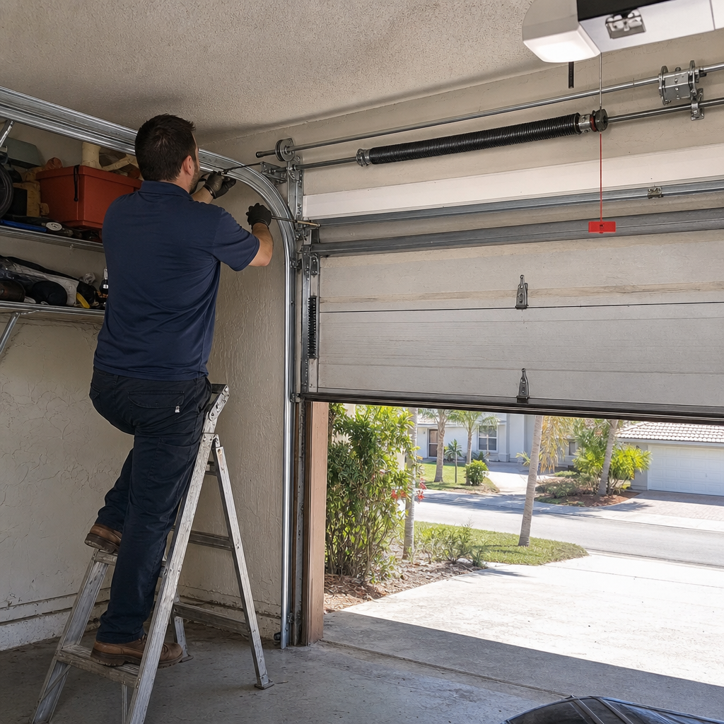 Technician repairing garage door springs, garage door parts, garage door service. in Miami, FL