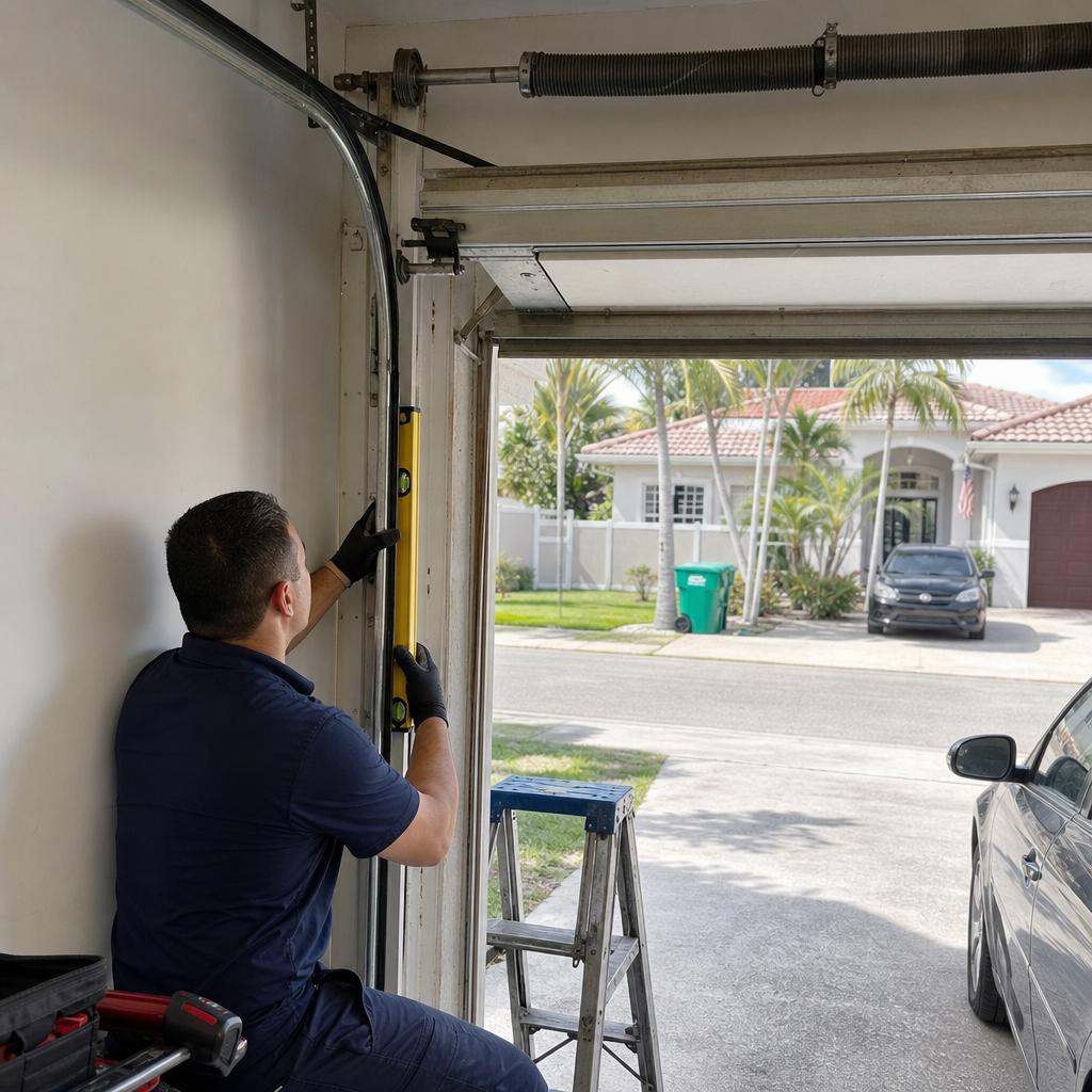 Garage door repair technician using a level on a door track