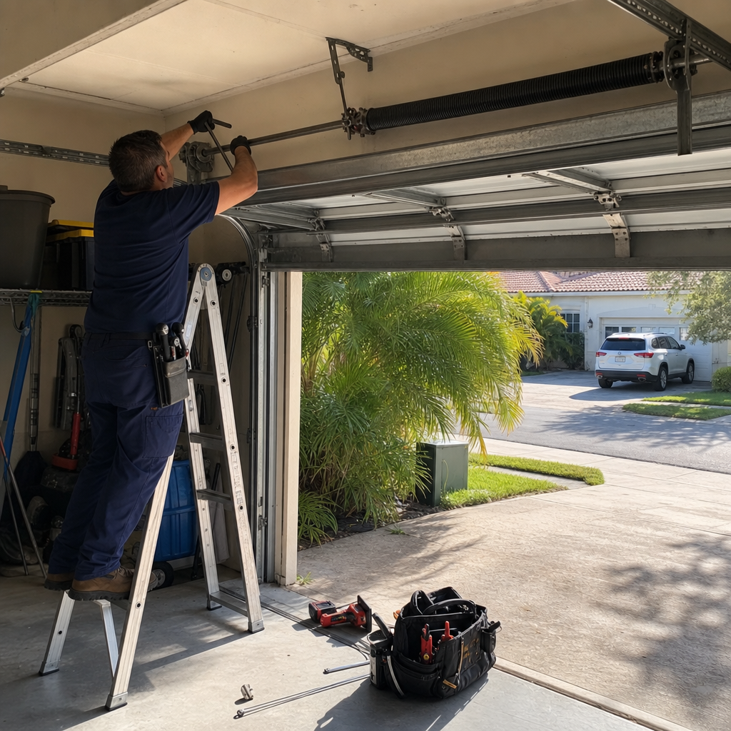 Garage door repair technician fixing a spring on a ladder